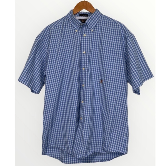Tommy Hilfiger 2 Tone Blue Gingham Short Sleeve Checkered Button Down Shirt L - Picture 1 of 8